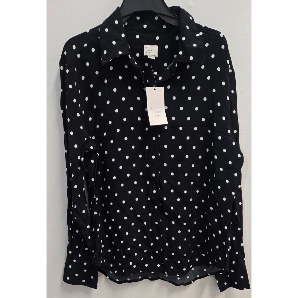 A New Day Womens Polka Dot Long Sleeve Button Down Shirt Black Cream S NWT